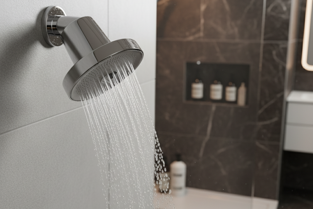 Shower head with water flowing in a bathroom setting
